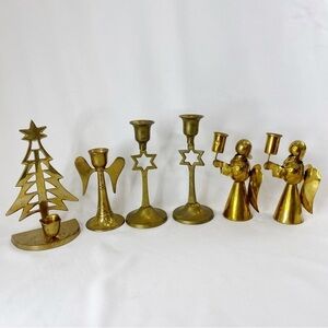 Lot of 6 Vintage Brass Christmas Holiday Taper Candlestick Holders